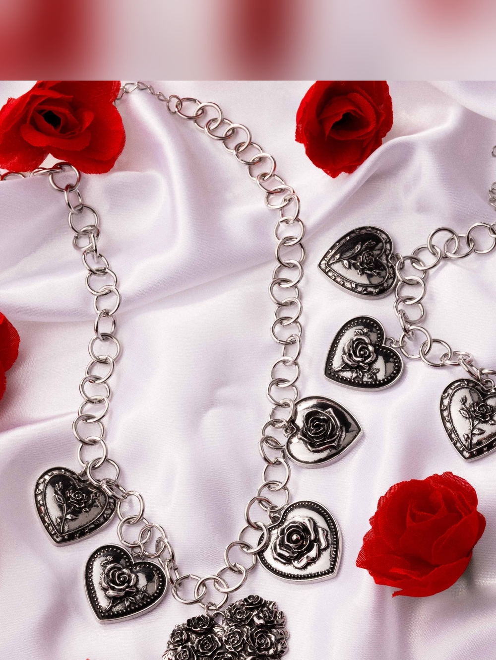 Silver Heart & Rose Charm Necklace - Women Jewelry